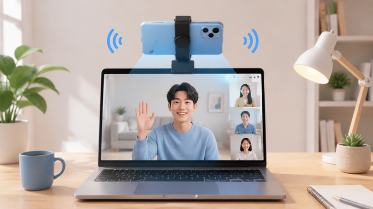 안드로이드 스마트폰을 노트북 위에 거치해 Windows 11 화상회의 웹캠으로 쓰는 모습
