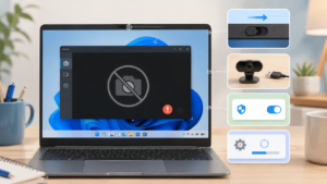 노트북 카메라 오류에서 물리 셔터와 USB 웹캠 및 권한을 점검하는 모습