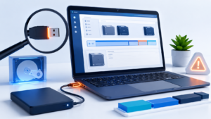 노트북에 연결했지만 인식되지 않는 외장하드의 케이블과 USB 포트를 확인하는 모습