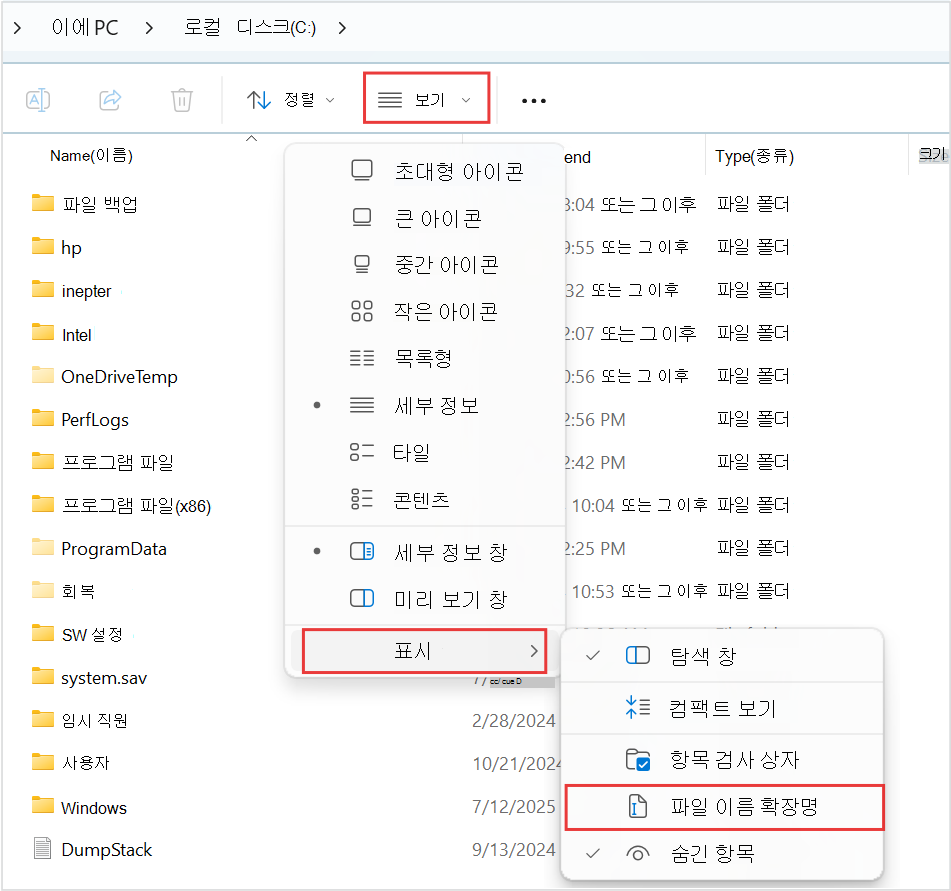 Windows 11 파일 탐색기에서 파일 이름 확장명을 표시하는 방법
