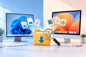 Windows 파일 탐색기와 Mac Finder에서 다운로드 폴더를 찾는 모습