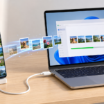 USB 케이블로 갤럭시 스마트폰 사진을 Windows 11 노트북으로 옮기는 모습