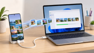 갤럭시 사진을 윈도우 11 PC로 옮기기|USB 연결 기준 3 USB 케이블로 갤럭시 스마트폰 사진을 Windows 11 노트북으로 옮기는 모습
