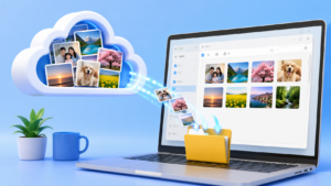 iCloud의 사진을 Windows 노트북 파일 탐색기로 내려받는 모습