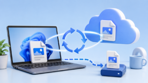 Windows 노트북의 OneDrive 동기화와 별도 백업 사본 차이를 보여주는 이미지