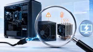 컴퓨터가 갑자기 꺼질 때 파워서플라이와 CPU 과열 원인을 비교 점검하는 모습