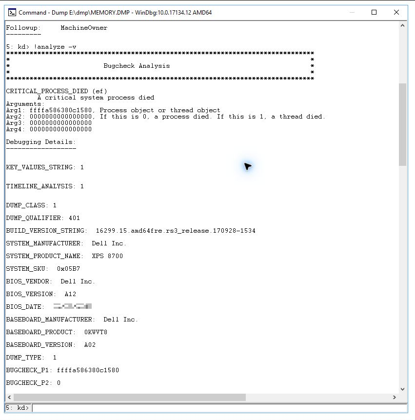WinDbg에서 !analyze -v 명령으로 블루스크린 덤프를 분석한 Microsoft 공식 화면