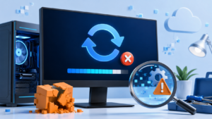 Windows 업데이트가 반복해서 실패해 오류 원인과 진행 상태를 확인하는 모습