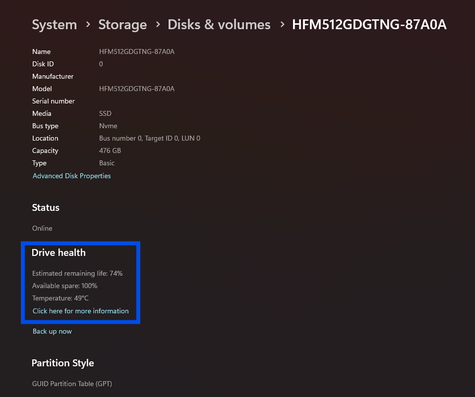 Windows 11 NVMe SSD 드라이브 상태 화면