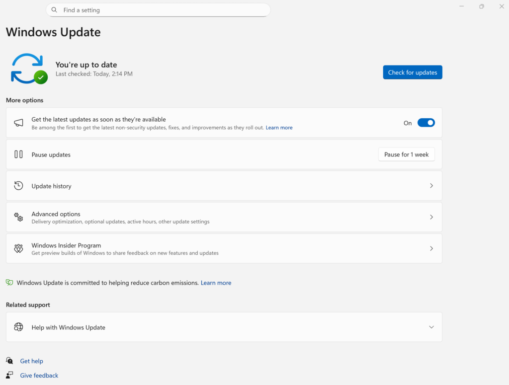 Windows 11 설정에서 업데이트 확인 버튼 위치