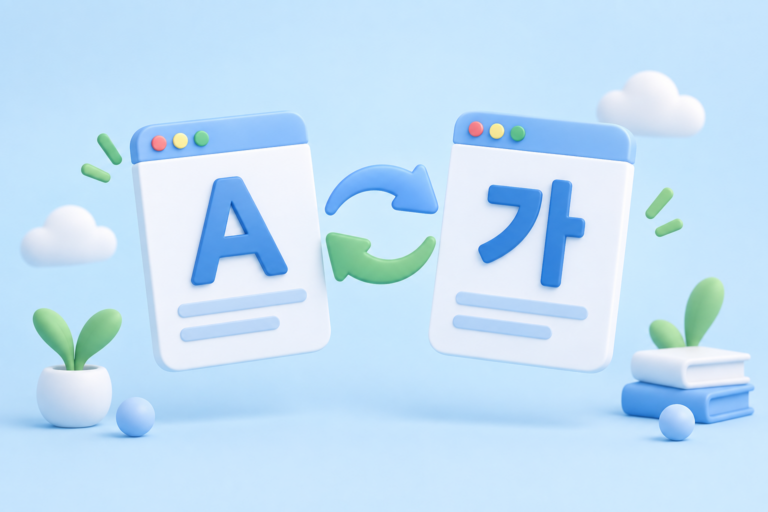 영문 A와 한글 가가 있는 두 창 사이의 번역 화살표